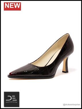 Women's Pointed Toe Mid Heel Pump Shoes Croc-Embossed Patent Dress Heels